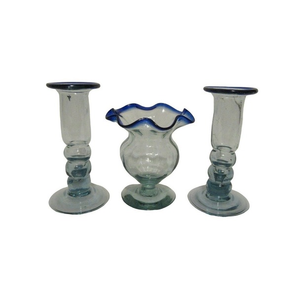 Hand Blown Recycled Mexican Glass Cobalt Blue Rim Candle Holder Set 3 - Picture 1 of 7